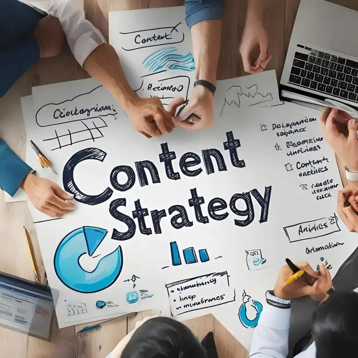 A content marketing strategist analyzing audience insights and planning a digital content strategy on a laptop.
